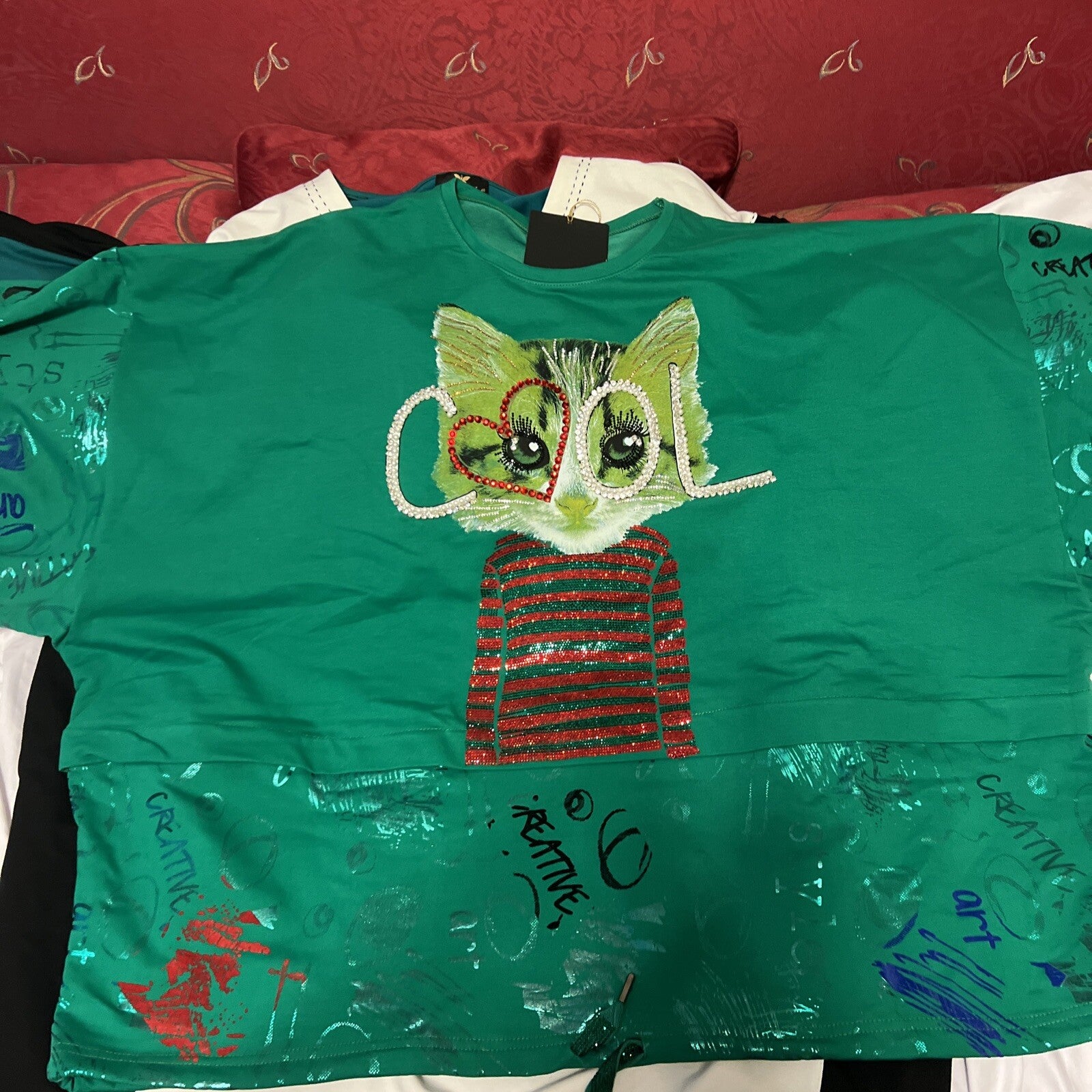 LaMaxx Green Cat Graphic Oversized Top Sz 24/3 Made In Turkey