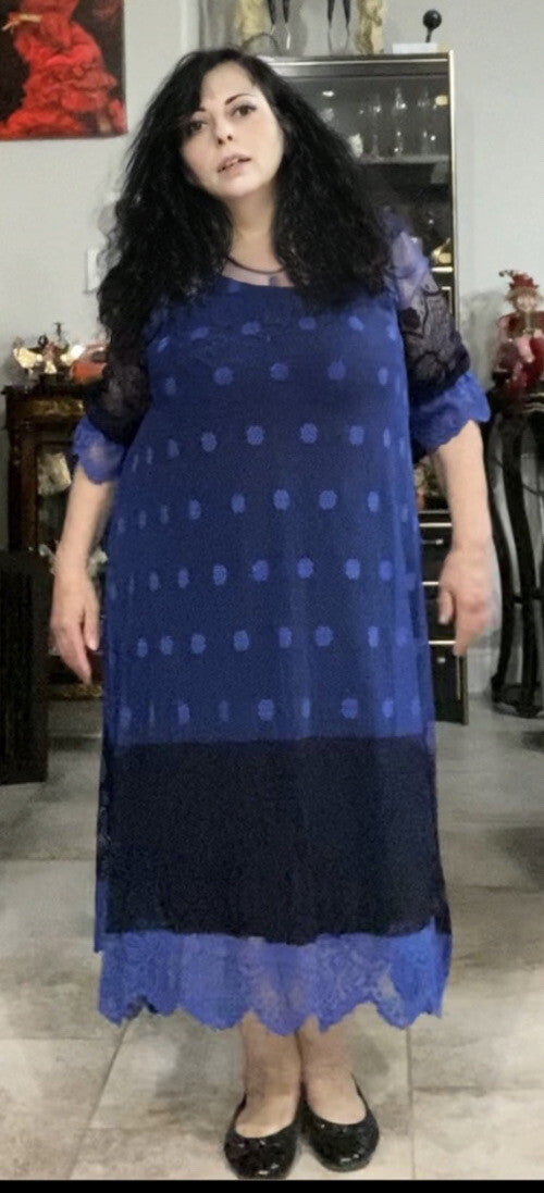 Darkwin Chic Royal Blue Mesh Lace 2 Pcs Dress Sz 18 Made In Turkey