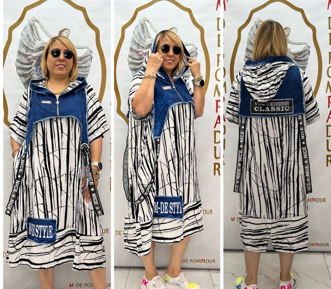 M’De Pompadour Striped Dress w/ Denim Accent Sz 20/1 Made in Turkey