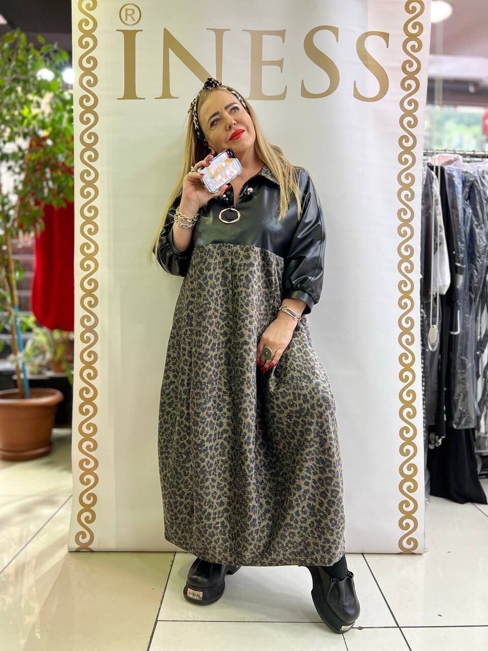 Izar Leopard Print & Faux Leather Maxi Dress Sz 20/54 | Made in Turkey