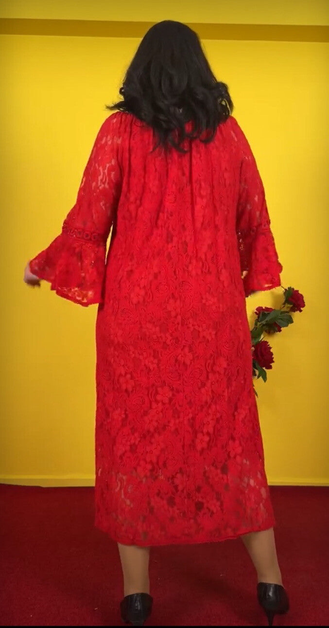 Elegant Red Lace Off-Shoulder Dress Sz 18 Made In Turkey