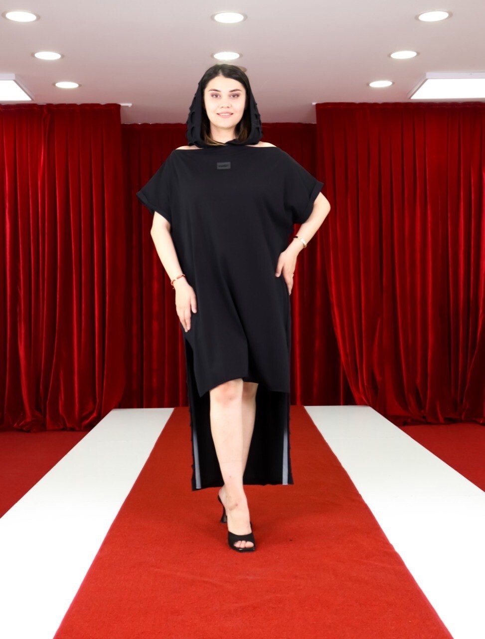 Bukezy Oversized Black Mesh Dress Sz S High-Low Hem Made in Turkey