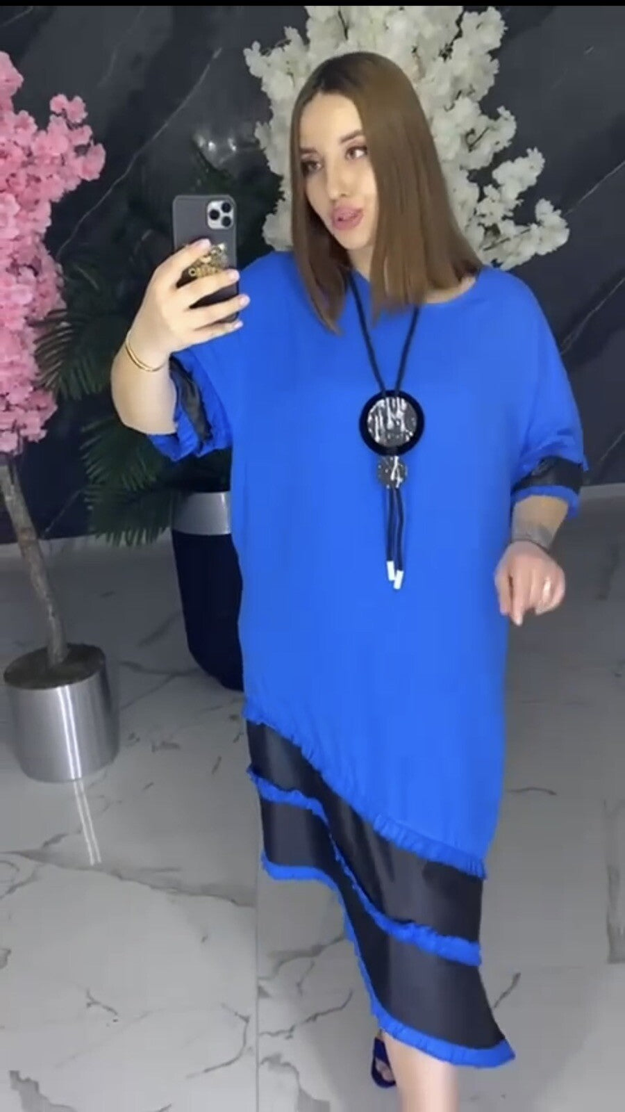 B-One Blue Black Asymmetrical Dress, Sz 10-44 Made in Turkey