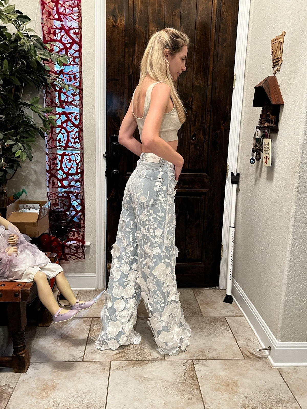 TW3 Women’s Jeans, 3D Floral Wide Leg Denim Pants, Sz S Turkey