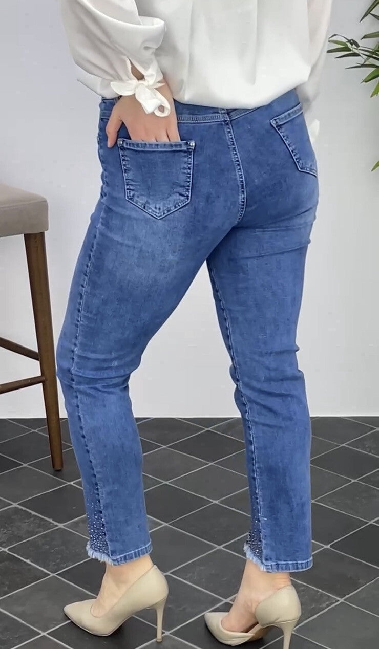 BI & KA Rhinestone Jeans Sz 20/54 Blue Slim Fit Frayed Hem Made In Turkey
