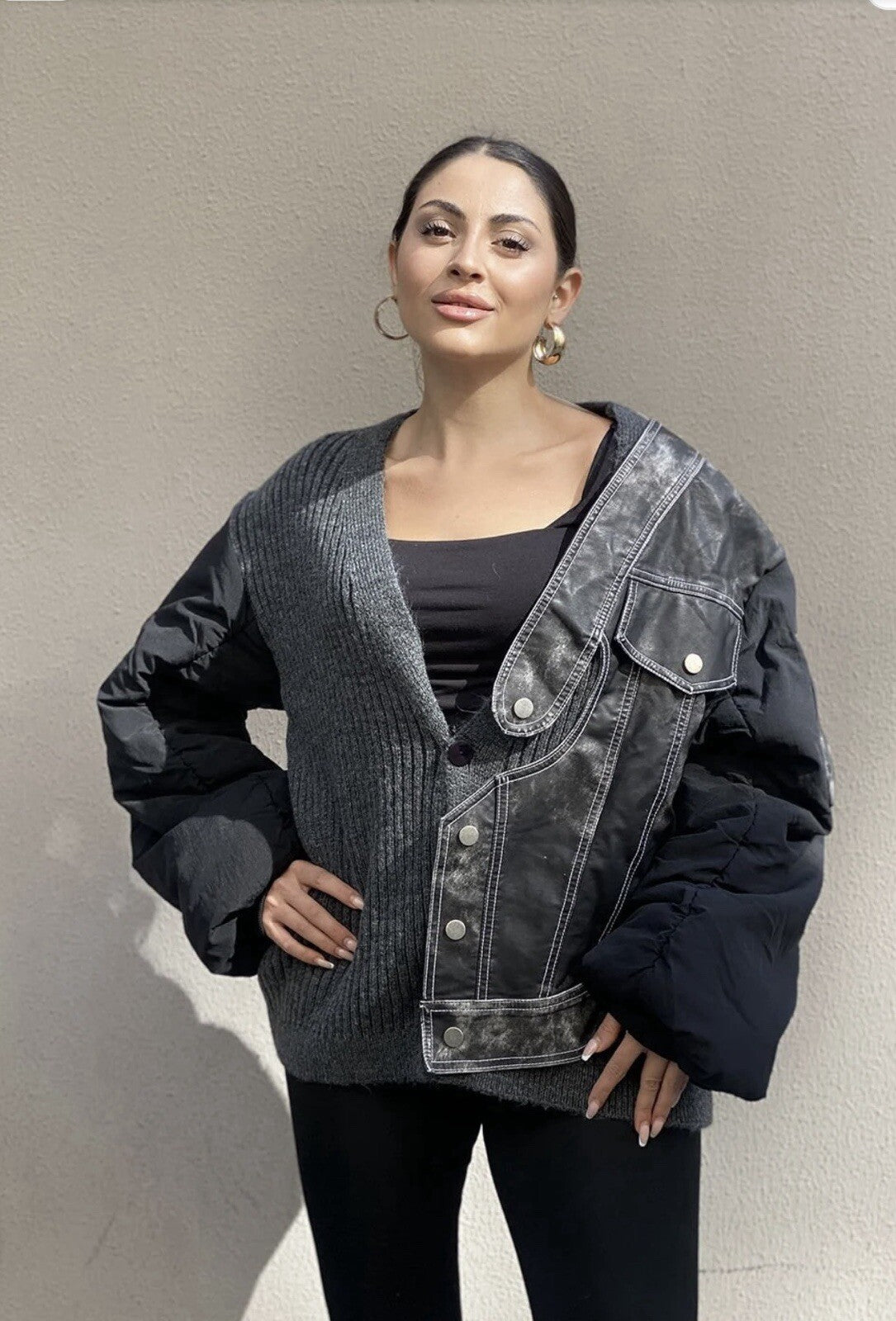 H4 Oversized Knit & Faux Leather Cardigan Sz 18-20/40 Made In Turkey