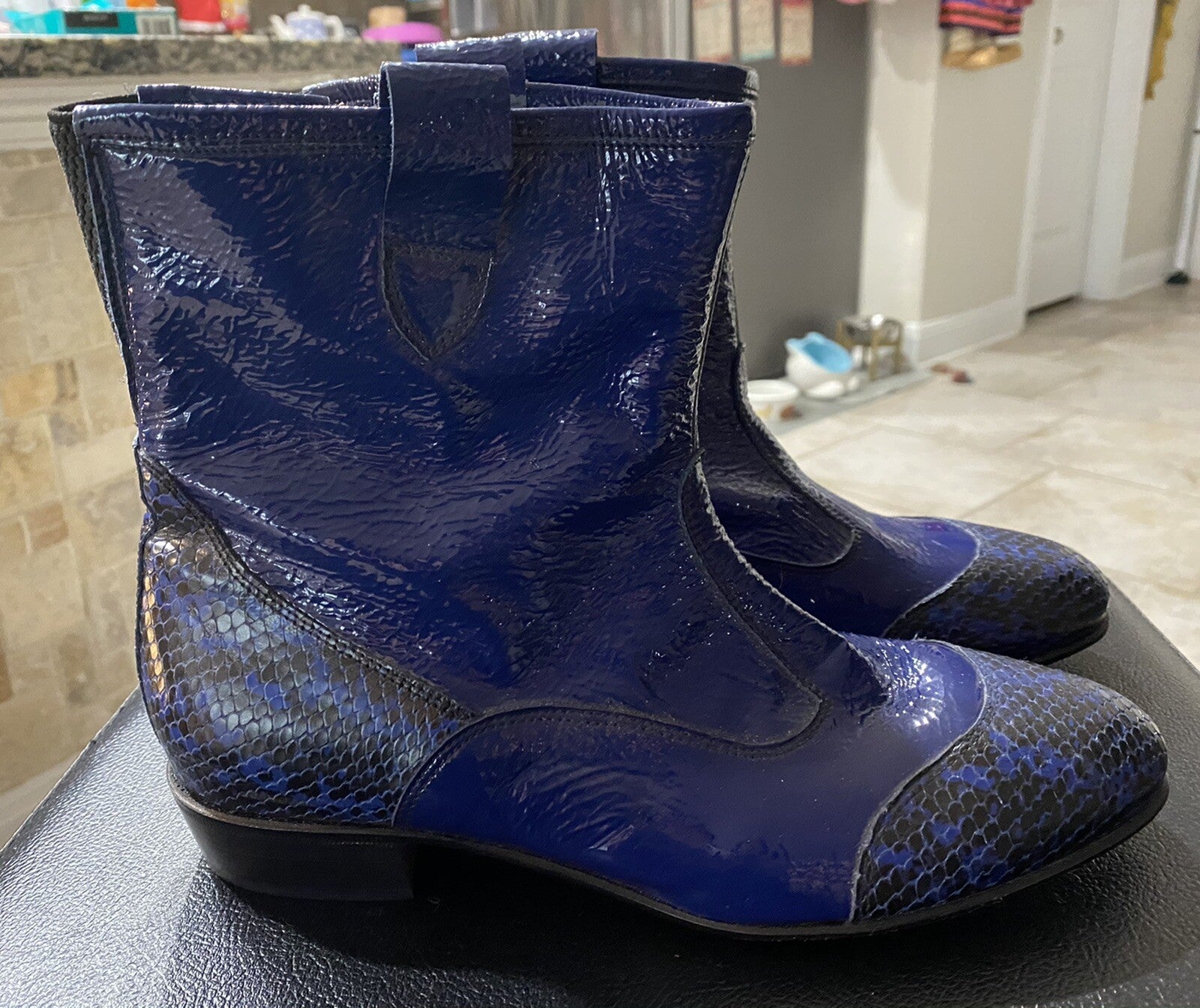 Bouton Black Boots, Beautiful Blue Leather, Made In Italy Sz 8.5 (39)
