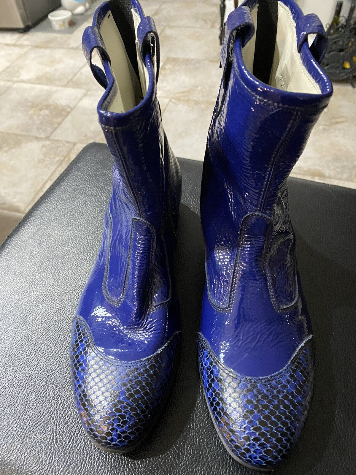 Bouton Black Boots, Beautiful Blue Leather, Made In Italy Sz 8.5 (39)