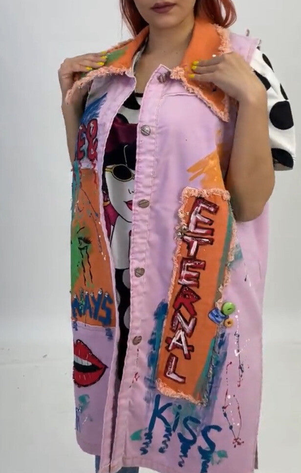 LaVelina Graffiti Art Denim Vest Sz 2X Made In Turkey