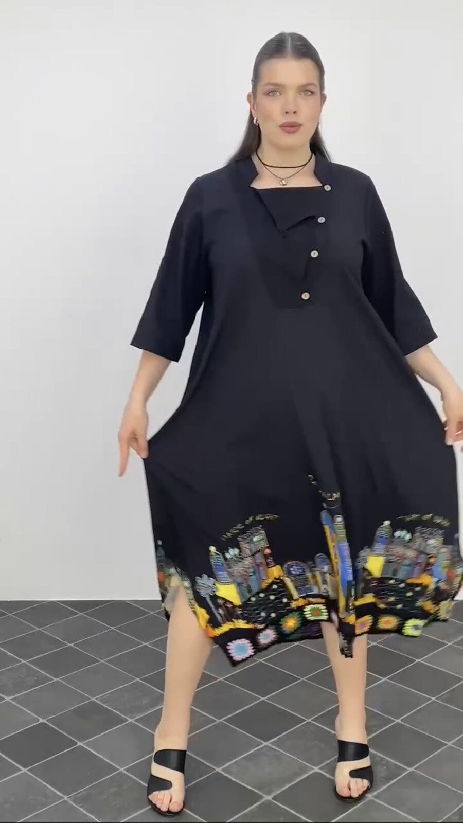 Darkwin Artistic Oversized Dress Sz 20/2 Black Cityscape Print Turkey
