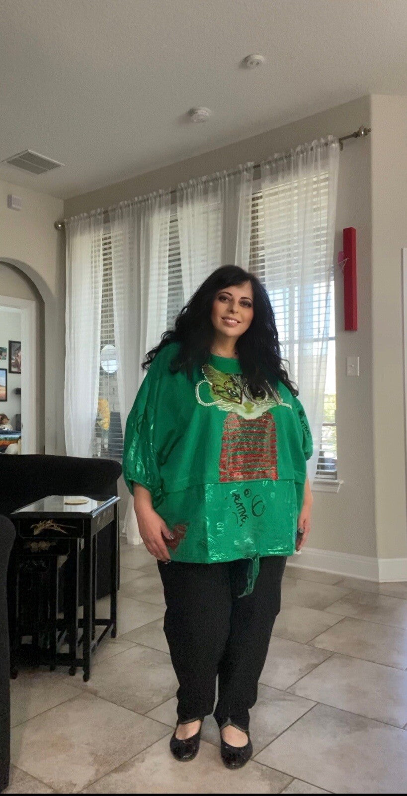 LaMaxx Green Cat Graphic Oversized Top Sz 24/3 Made In Turkey