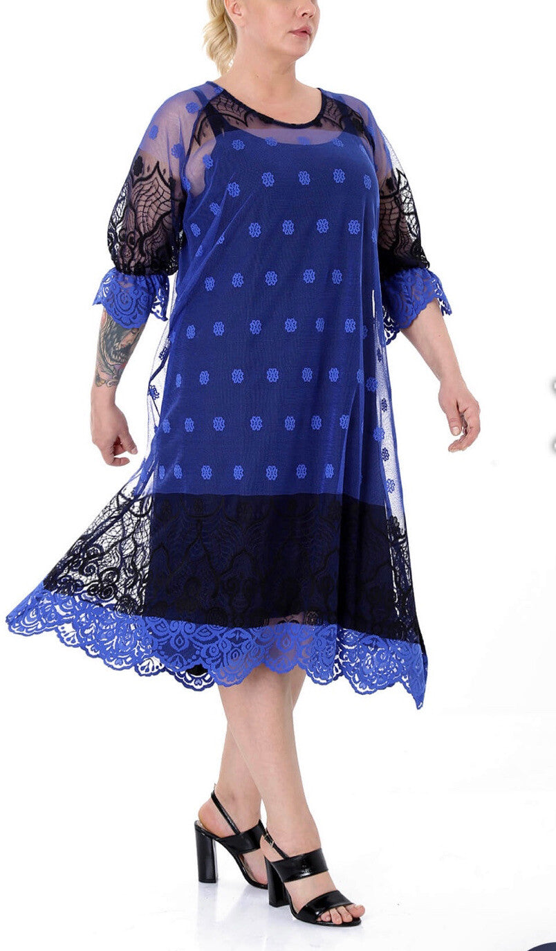 Darkwin Chic Royal Blue Mesh Lace 2 Pcs Dress Sz 18 Made In Turkey