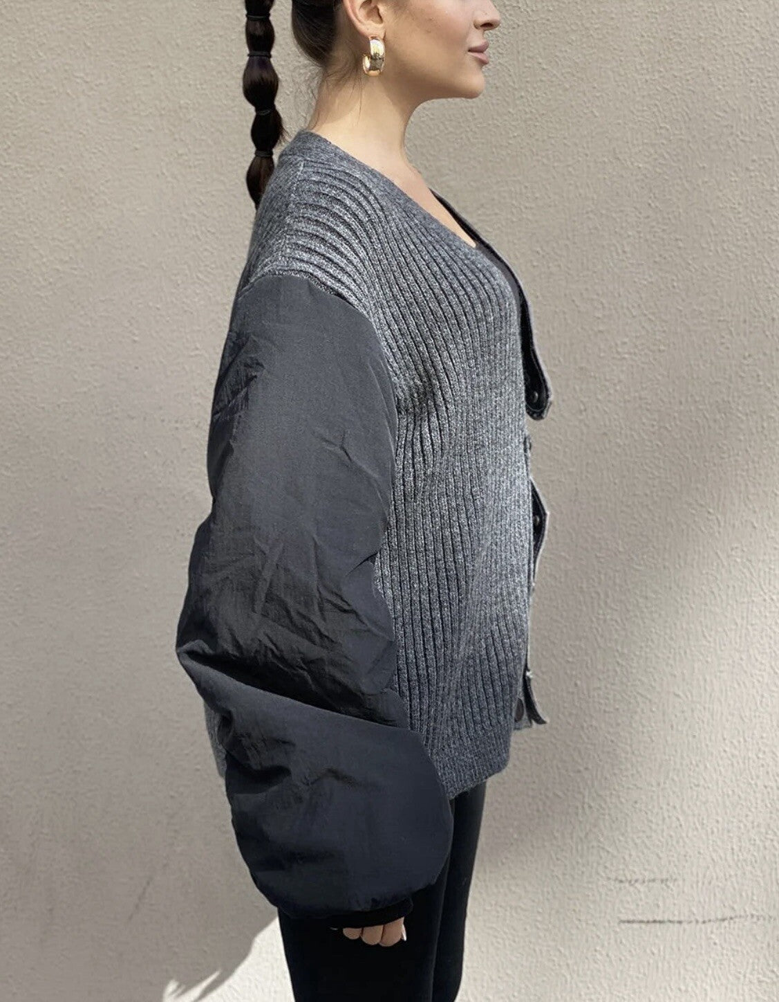H4 Oversized Knit & Faux Leather Cardigan Sz 18-20/40 Made In Turkey