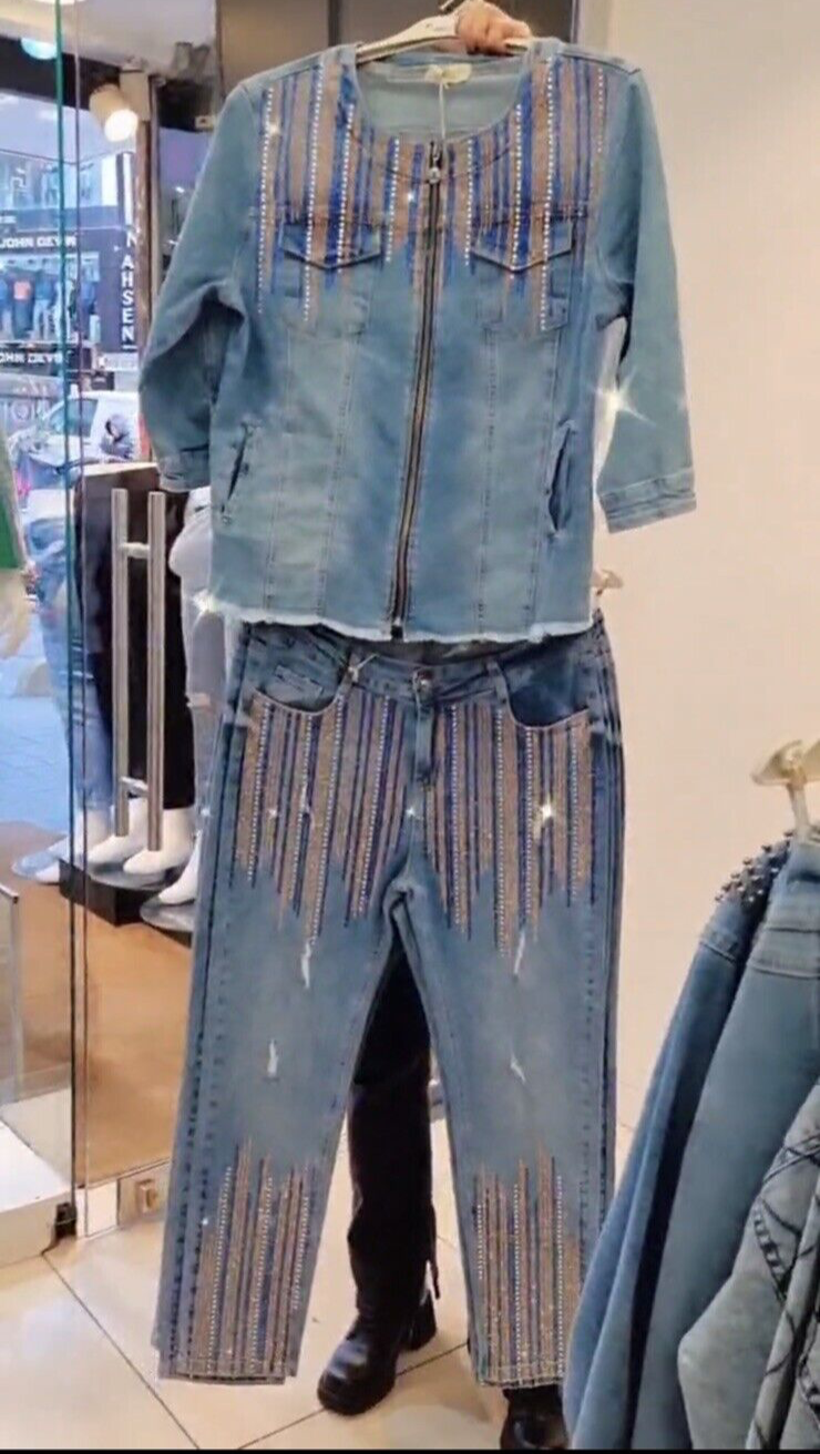 Presenta Women’s Jean Suit Sz 16/48 Made in Turkey Jacket & Pants Set
