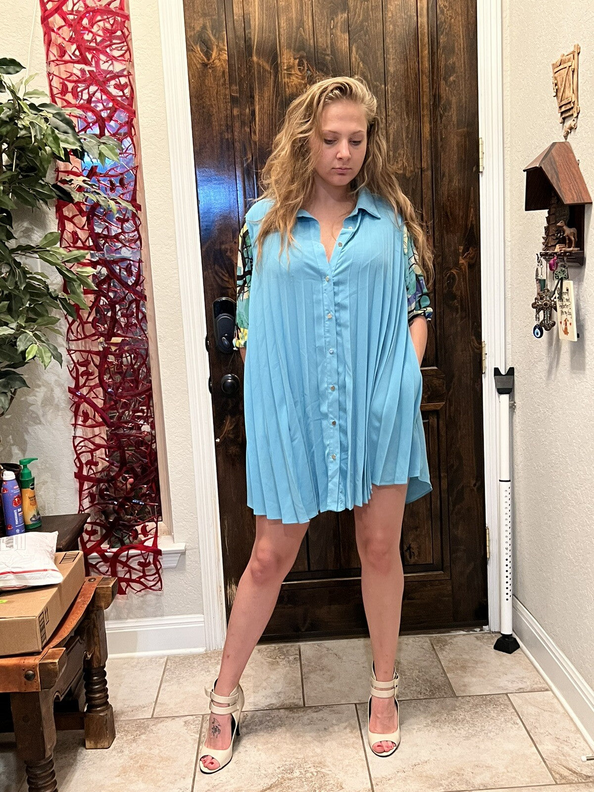 Darkwin Aqua Pleated Button Tunic Sz 14/2 Made In Turkey