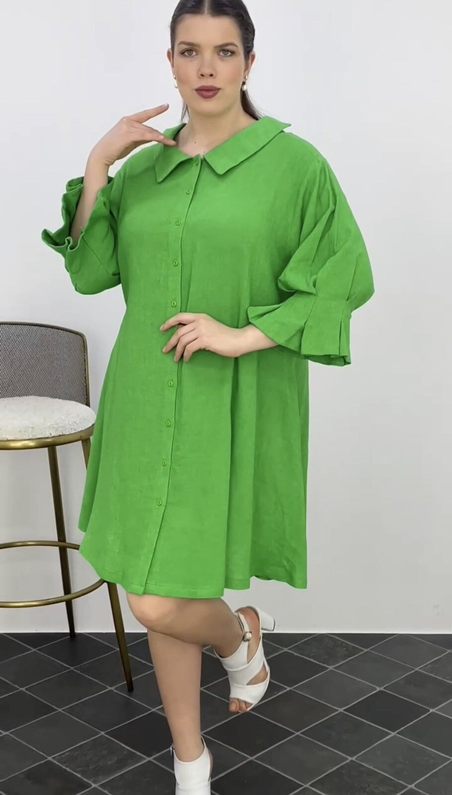 Darkwin Green Button-Down Dress Sz 18/1 Made in Turkey – Flared Fit