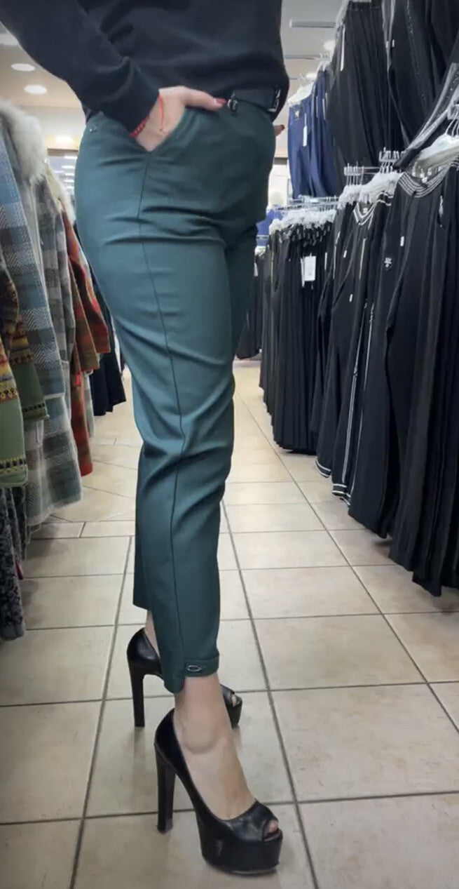 Zanessi Emerald Green Pants Sz 12/46 Belted Slim Fit Made In Turkey