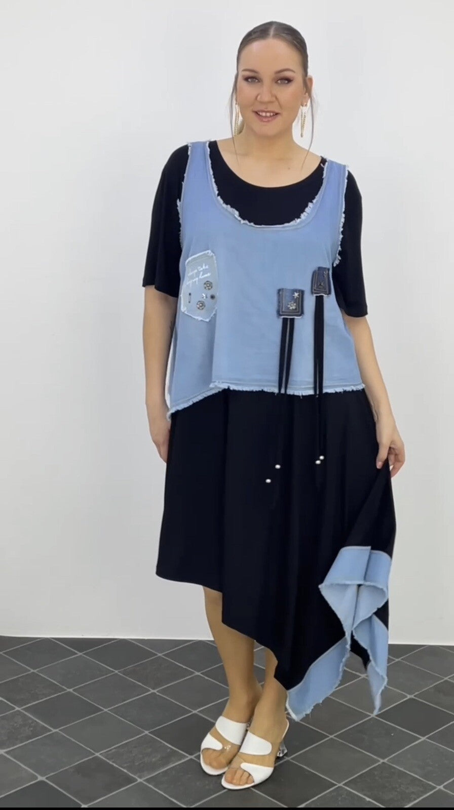 LaVelina Asymmetrical Denim Patch Dress Sz 22/48 Made in Turkey