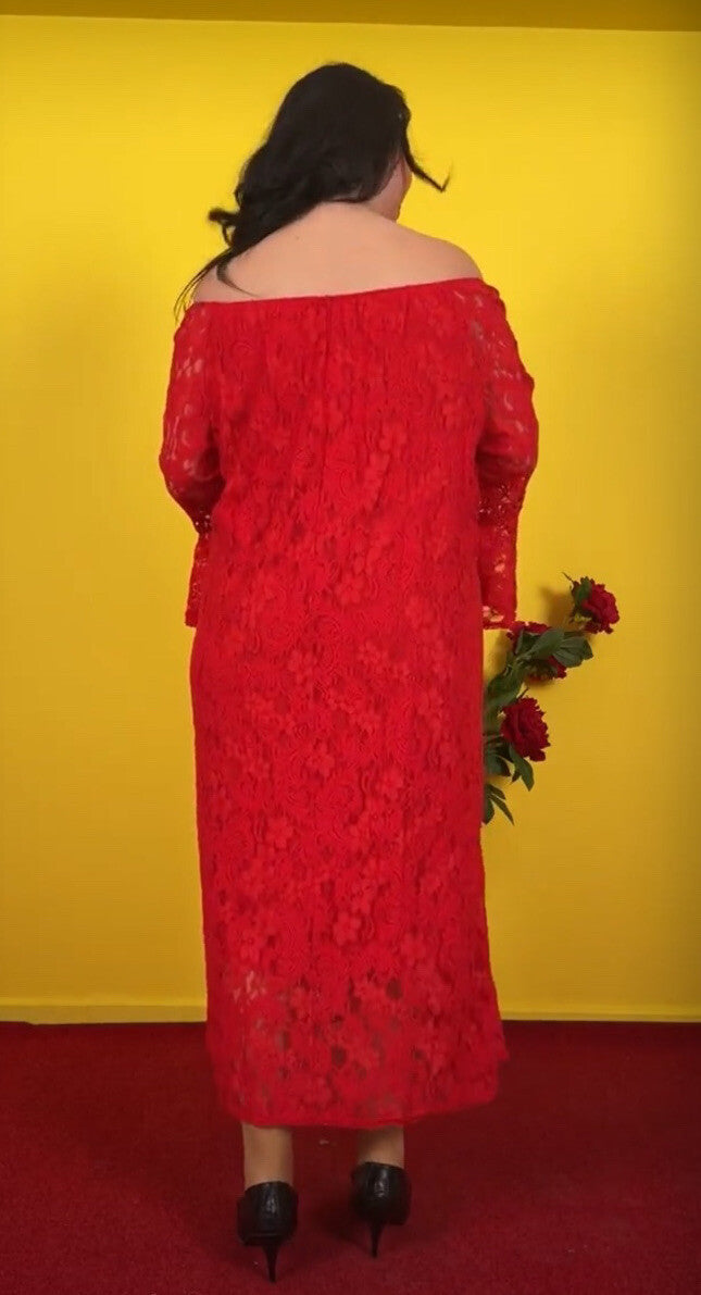 Elegant Red Lace Off-Shoulder Dress Sz 18 Made In Turkey