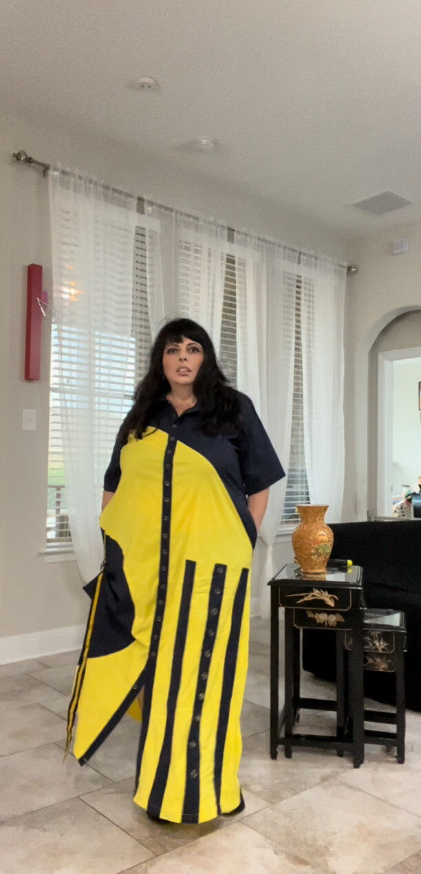 SALE!!!! DePompadur Oversized Dress Yellow/Navy, Sz 24/3 Made in Turkey