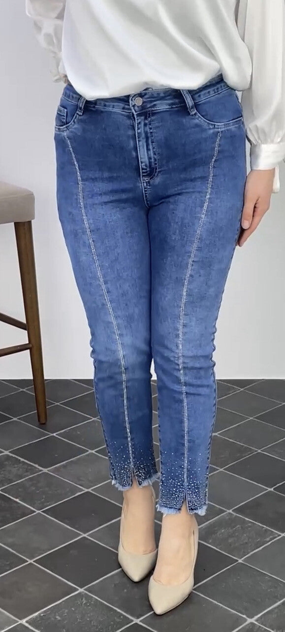 BI & KA Rhinestone Jeans Sz 22/56 Blue Slim Fit Frayed Hem Made In Turkey