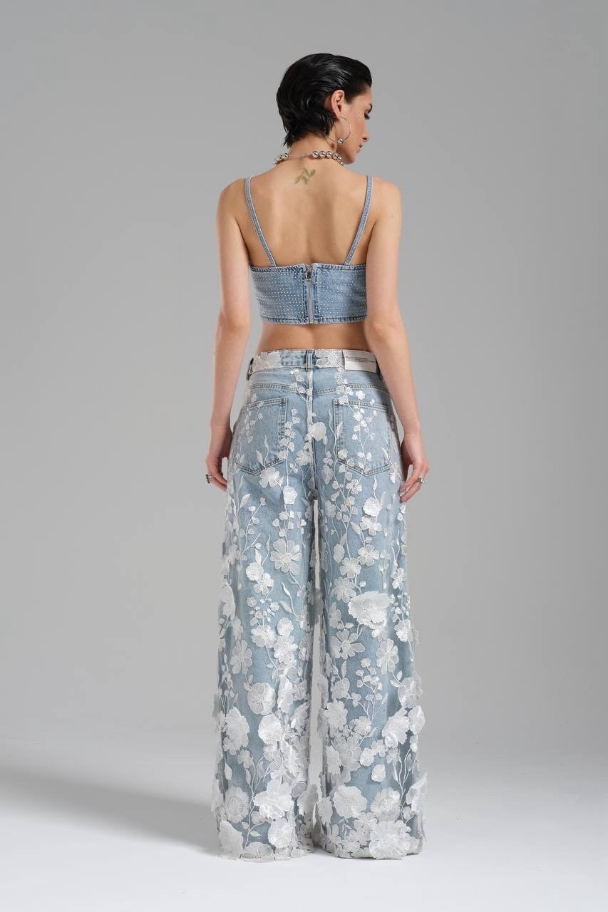 TW3 Women’s Jeans, 3D Floral Wide Leg Denim Pants, Sz S Turkey