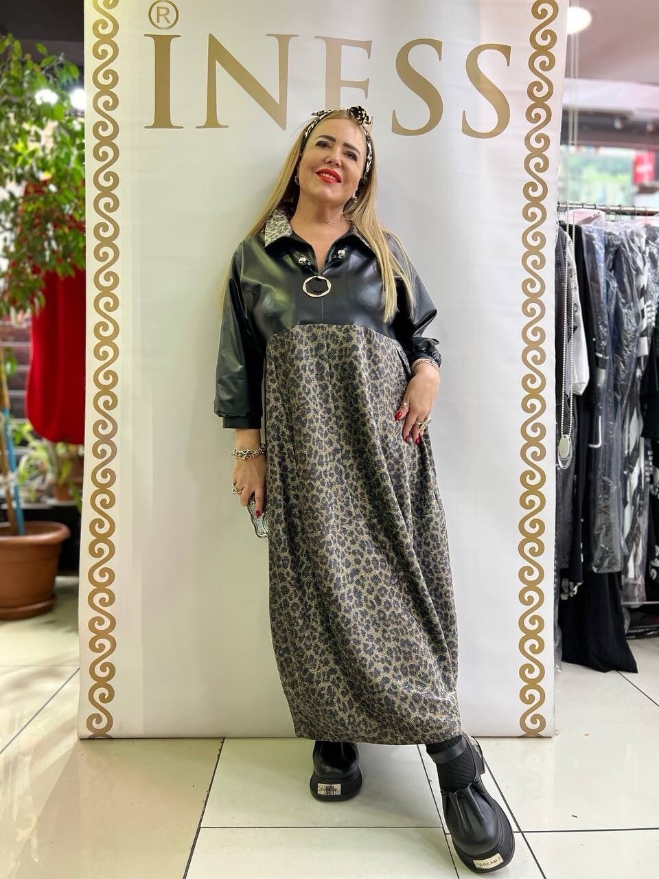 Izar Leopard Print & Faux Leather Maxi Dress Sz 20/54 | Made in Turkey