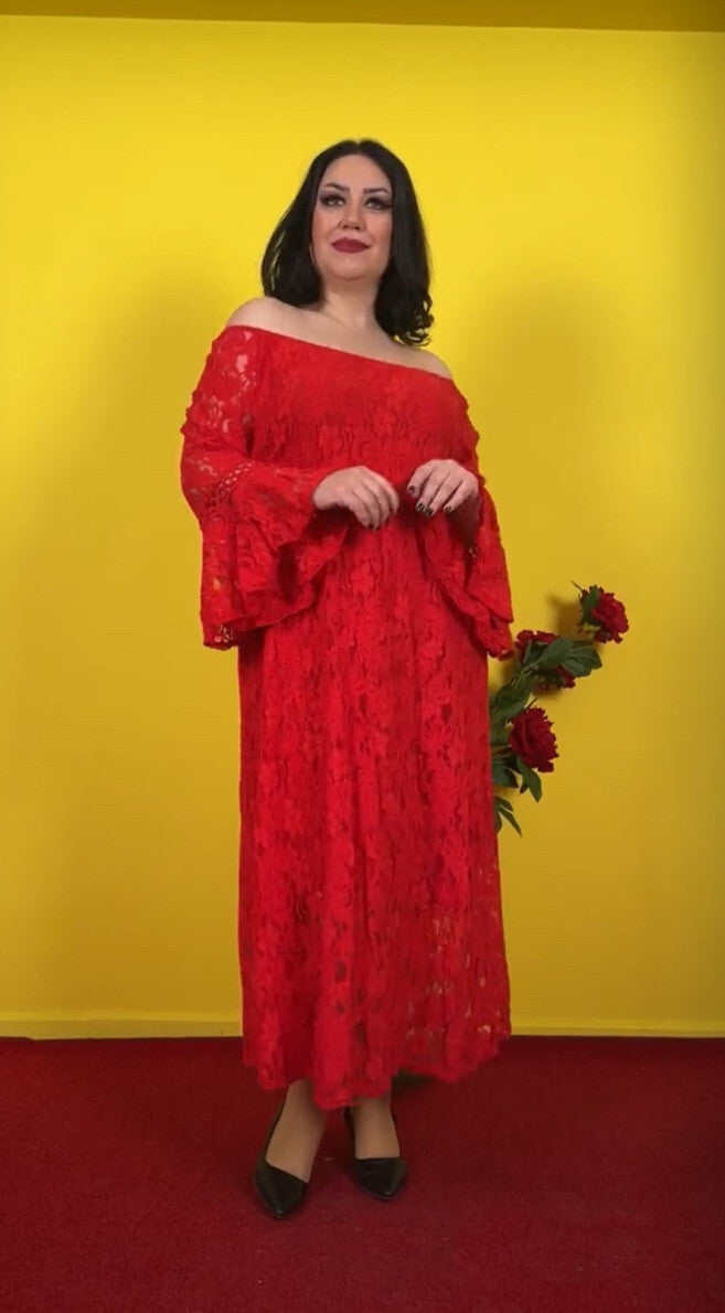Elegant Red Lace Off-Shoulder Dress Sz 18 Made In Turkey