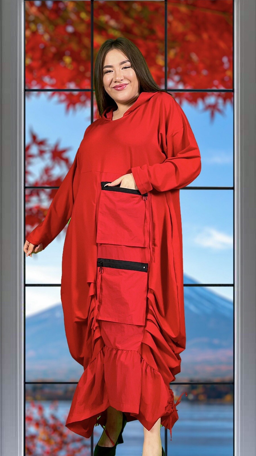 B-One Red Oversized Hoodie Dress w/ Zipper Pockets Sz 20/48 Made in Turkey