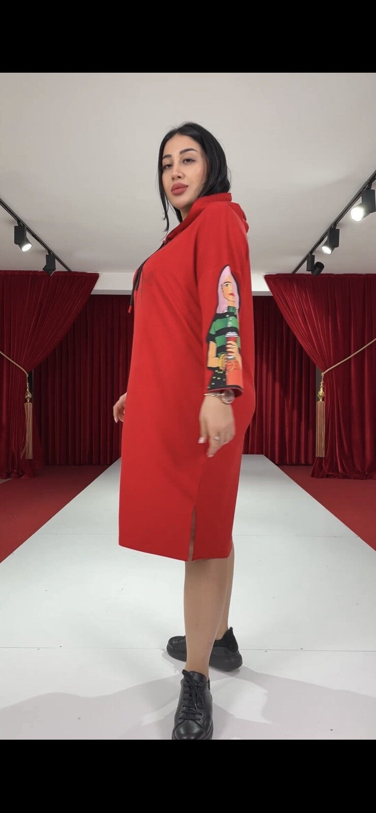 Darkwin Red Hoodie Dress Sz L/18 Streetwear Art Print Turkey