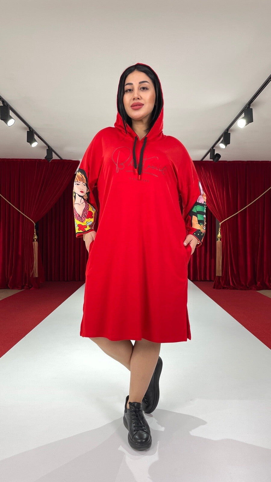 Darkwin Red Hoodie Dress Sz L/18 Streetwear Art Print Turkey