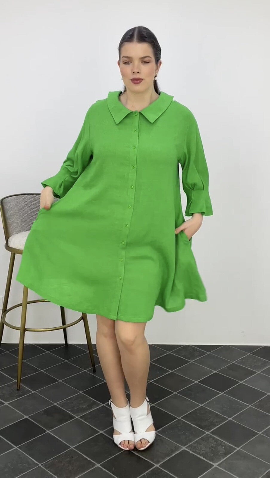 Darkwin Green Button-Down Dress Sz 18/1 Made in Turkey – Flared Fit