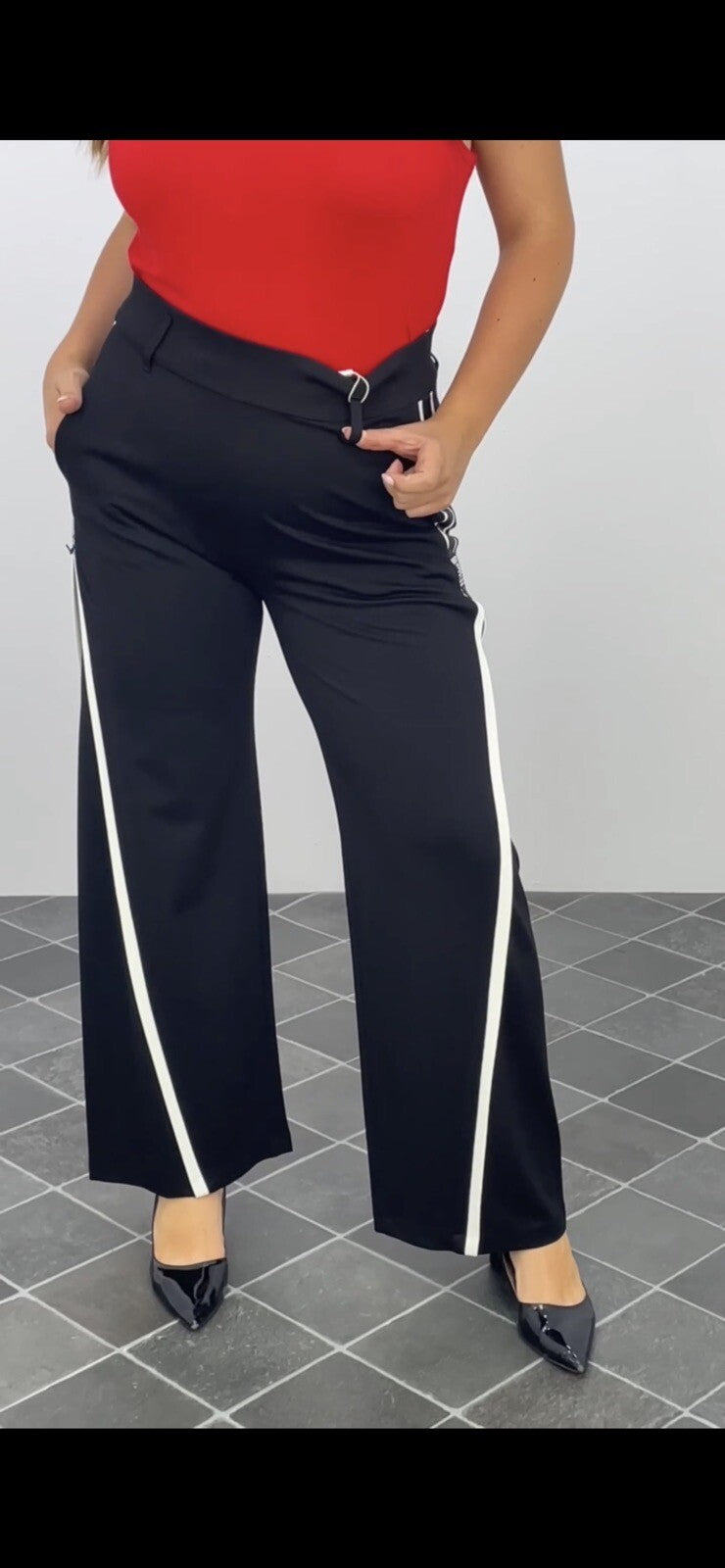 Exitline Pants Sz 8/42 Black White Stripe Wide Leg Made In Turkey