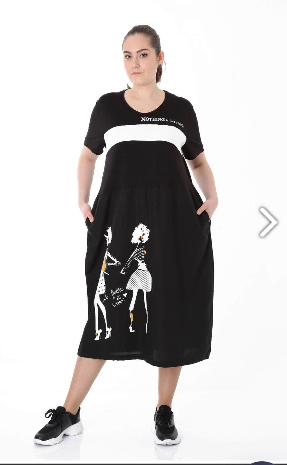 Darkwin Fun Art Dress Sz XL (20) Black White Print Midi Made In Turkey