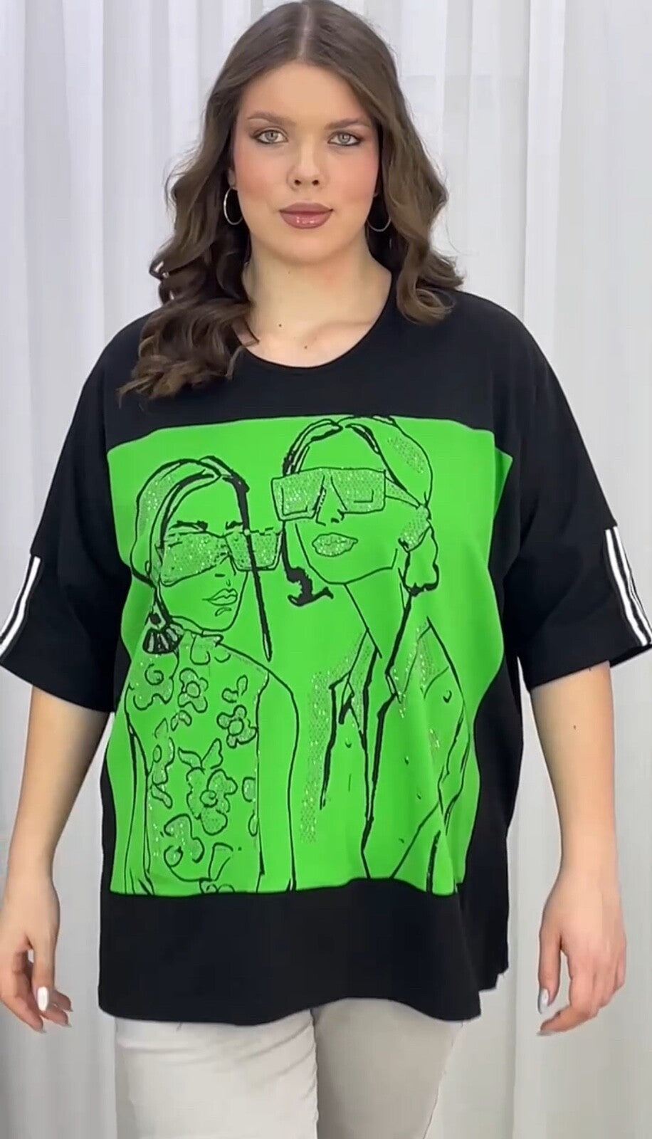 Darkwin Green Graphic Oversized Top Sz 20/2 Made In Turkey