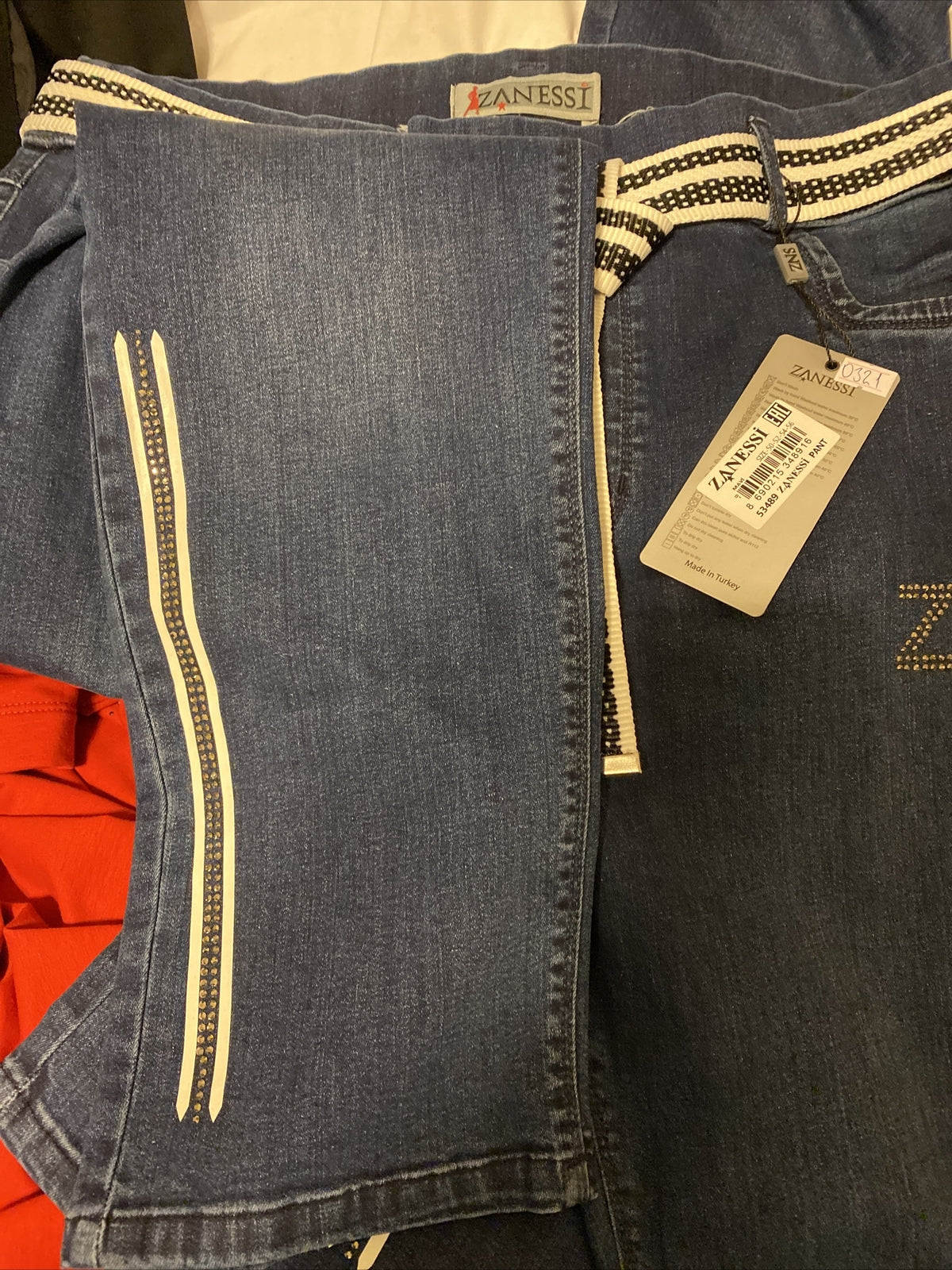 Zanessi Jeans Sz 16/50 Made In Turkey, Striped Waistband, Zipper Detail