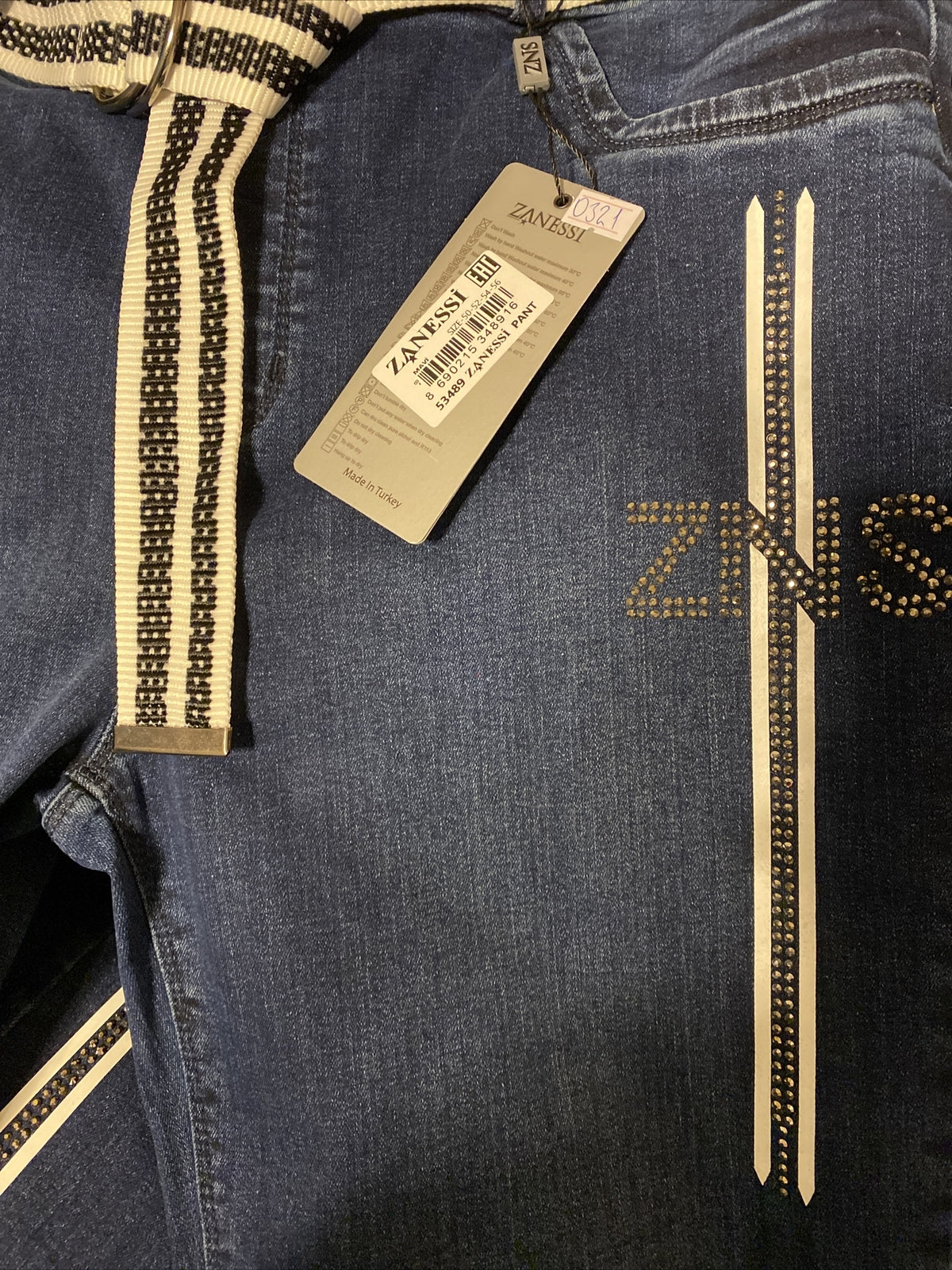 Zanessi Jeans Sz 16/50 Made In Turkey, Striped Waistband, Zipper Detail