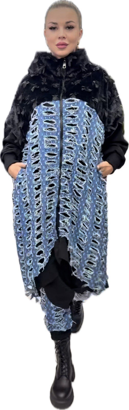 H4 One Size Distressed Denim Overlay Sweatshirt Jacket Black Blue Turkey