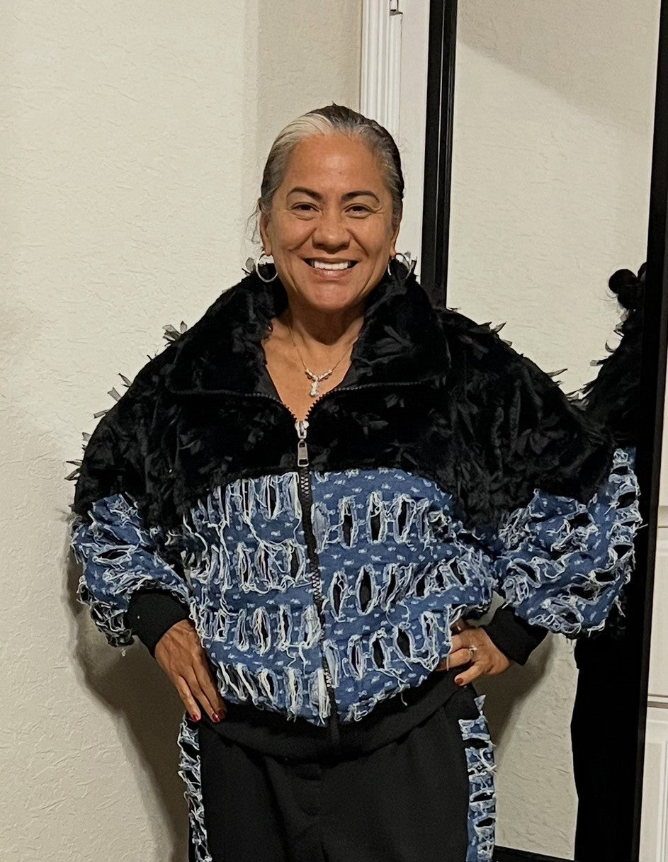 H4 short oversized jacket, denim & black, sz 12/38, made in Turkey