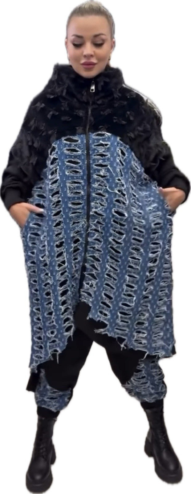 H4 One Size Distressed Denim Overlay Sweatshirt Jacket Black Blue Turkey