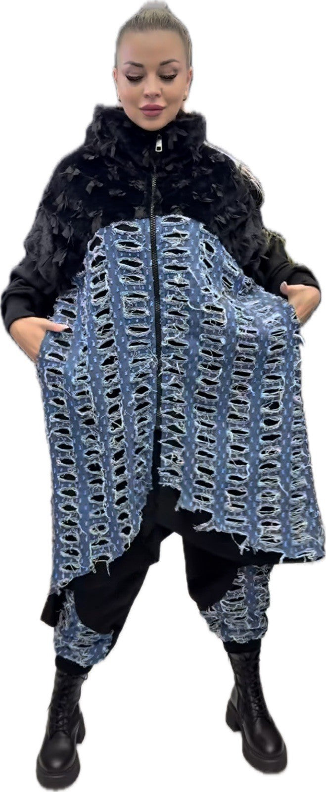 H4 One Size Distressed Denim Overlay Sweatshirt Jacket Black Blue Turkey