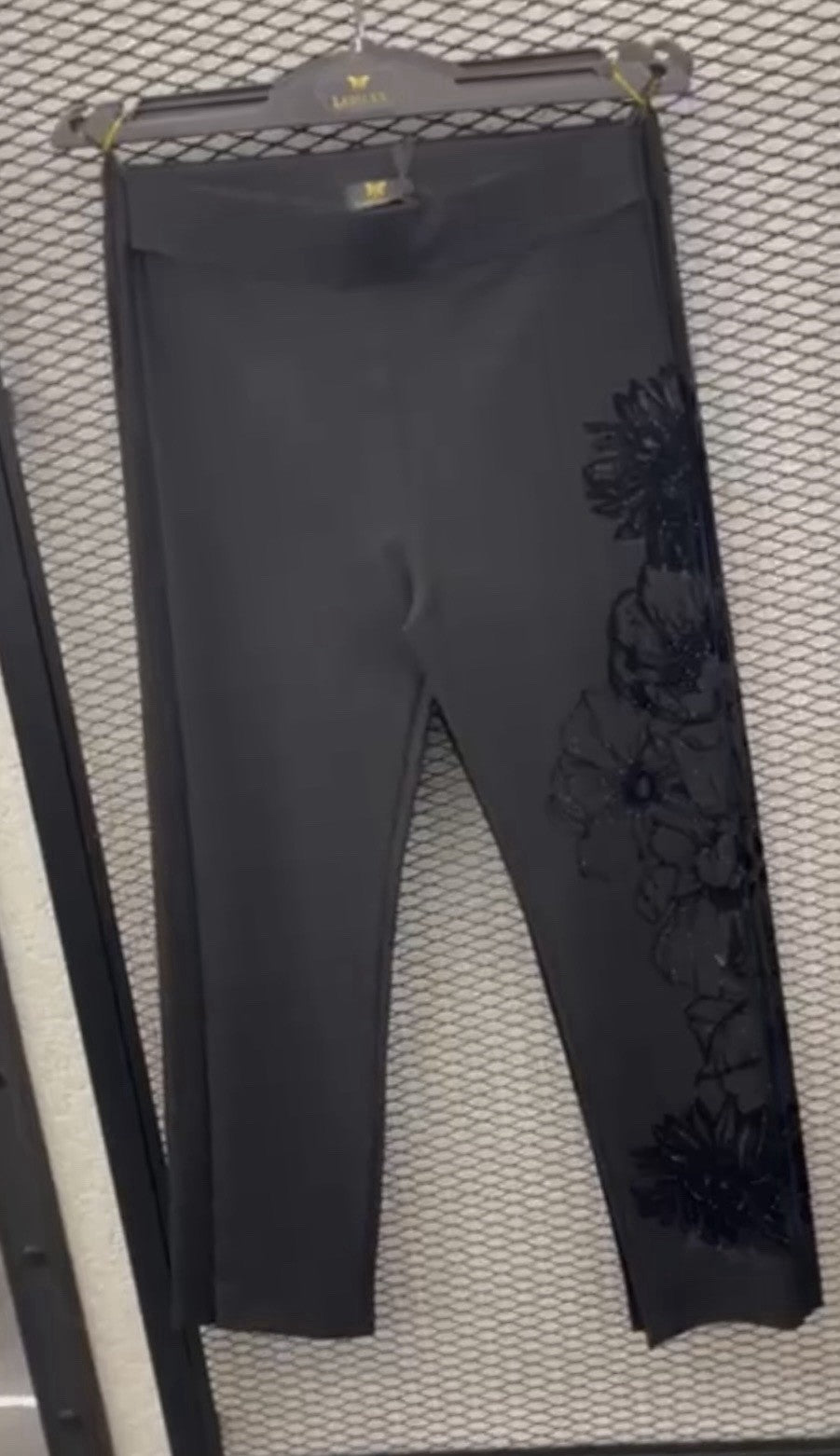 LaMaxx Black Floral Rhinestone Tights Pants Size 10/2 Made in Turkey