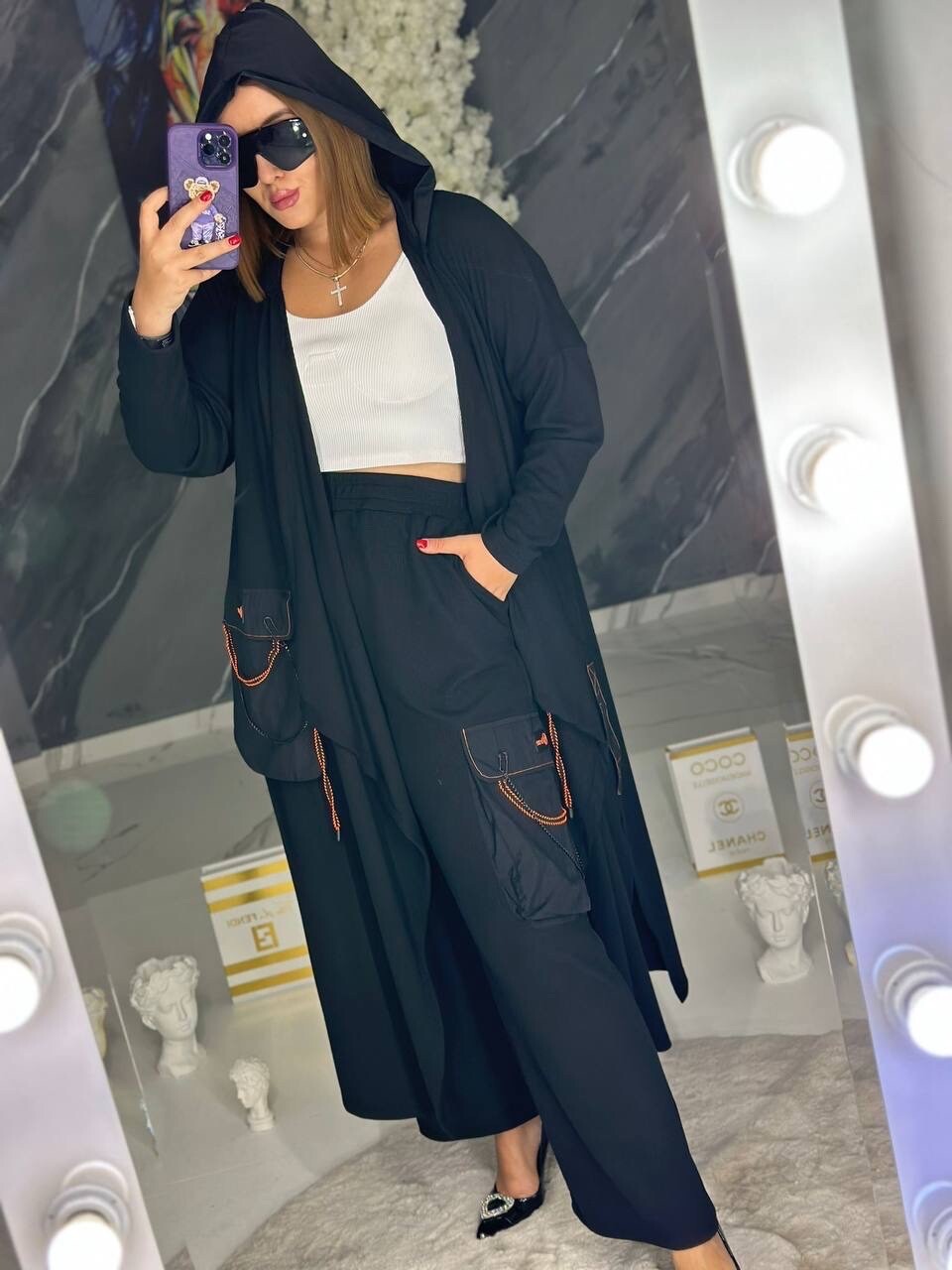 B-One 2 PCs Suit Sz 22/3 Black Hooded Cardigan & Pants Made in Turkey