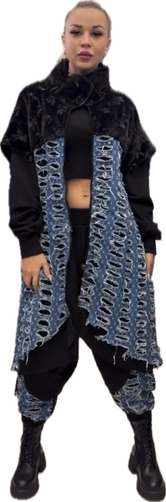 H4 One Size Distressed Denim Overlay Sweatshirt Jacket Black Blue Turkey