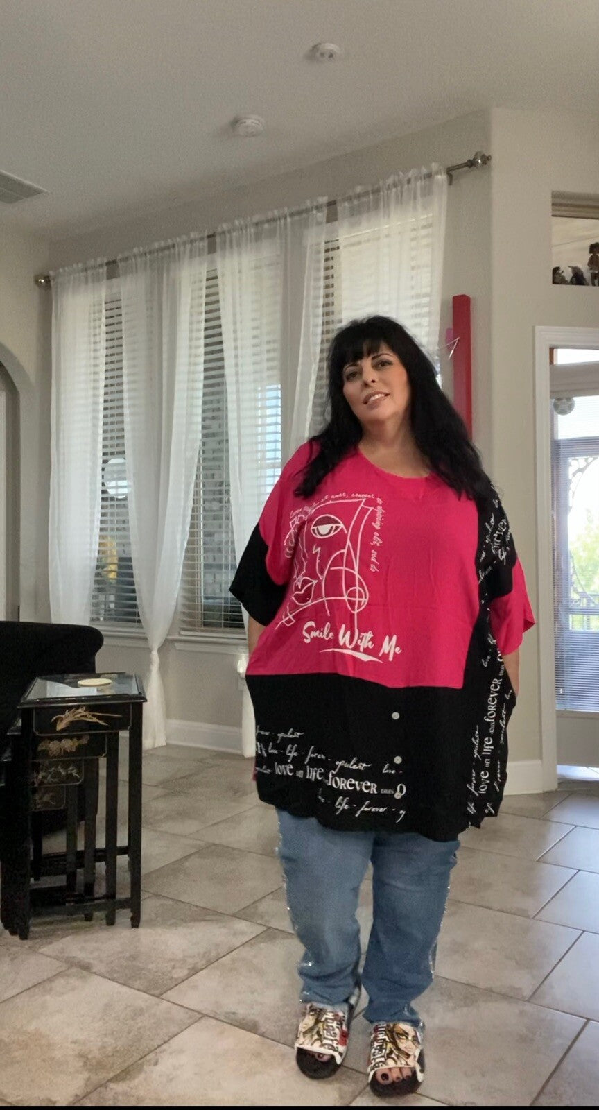 MyLifess Pink Black Abstract Oversized Top Sz 3XL/2 Made In Turkey