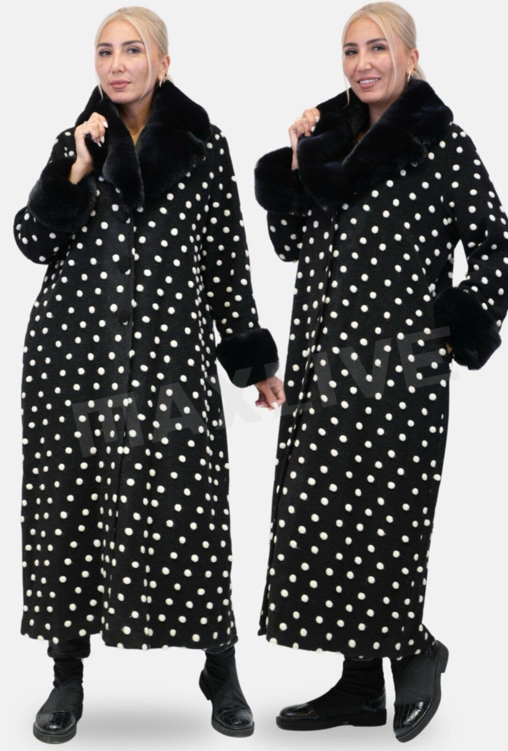 Lazolina Polka Dot Coat w/ Faux Fur Collar, Sz 18/1. Made in Turkey