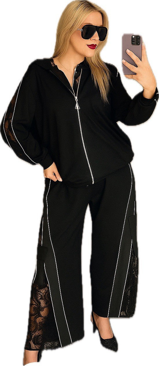 Dolares Plus set Sz 16/1 black lace zip jacket & wide pants made in Turkey