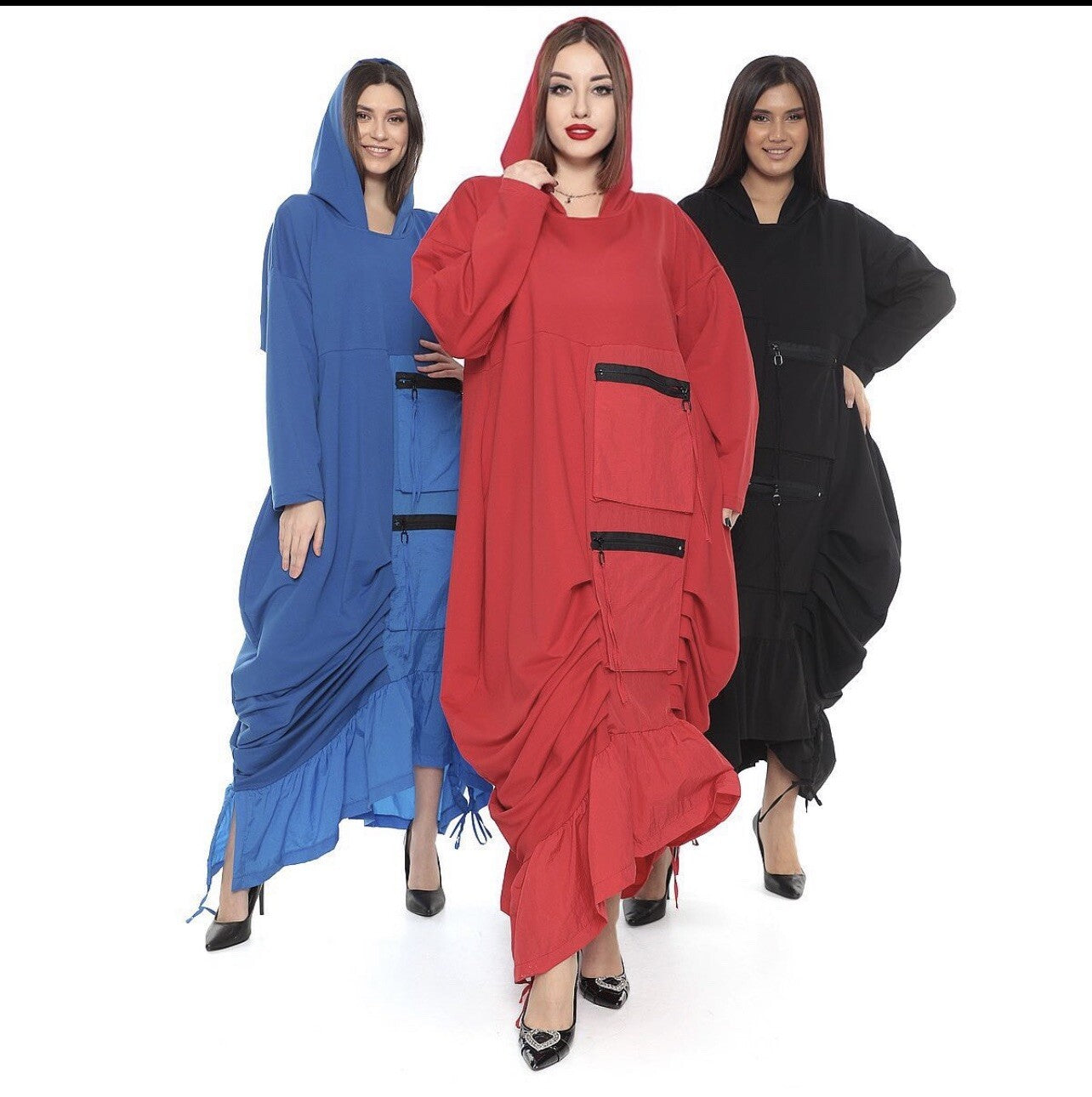 B-One Red Oversized Hoodie Dress w/ Zipper Pockets Sz 20/48 Made in Turkey