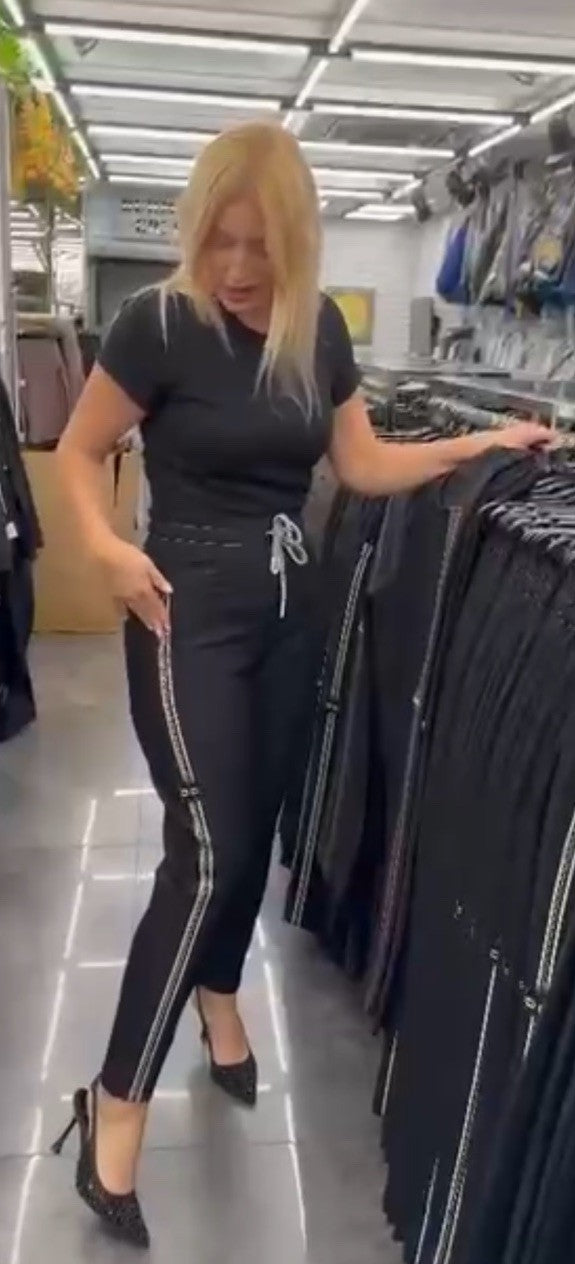 LaMaxx Black Pants Chain Side Trim Drawstring Waist Sz 12/42 Turkey