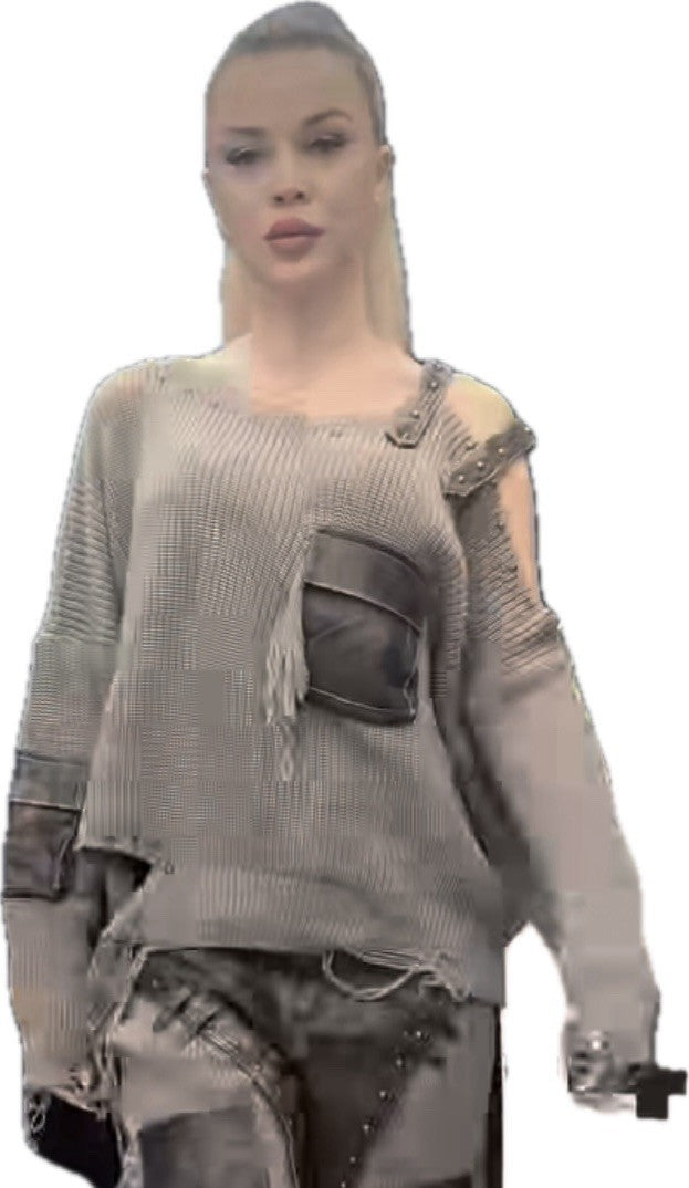 H4 One Size Distressed Mocha Knit Sweater Faux Leather Pockets Strap Shoulder